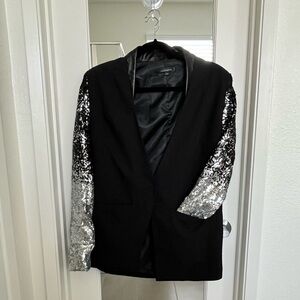 Haoduoyi Single Button Blazer with Ombre Sequin Sleeves & Faux Leather Collar